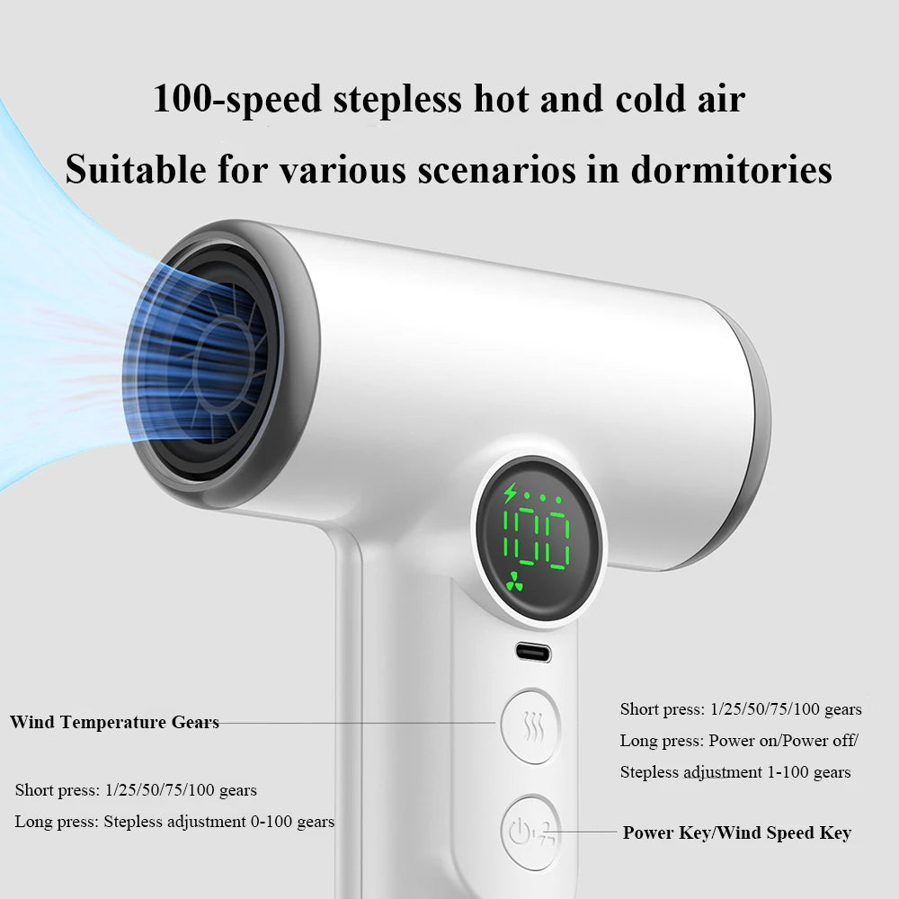 Wireless Portable Hot and Cold Hair Dryer 30000 RPM 100-Speed Stepless Adjustment Home and Travel Hair Dryer 15600mAh Battery