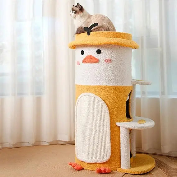 Multifunctional Yellow Duck-Themed Cat Tree and House for Cats Up to 75Kg - Easy Assembly Cat Castle with Cute Design