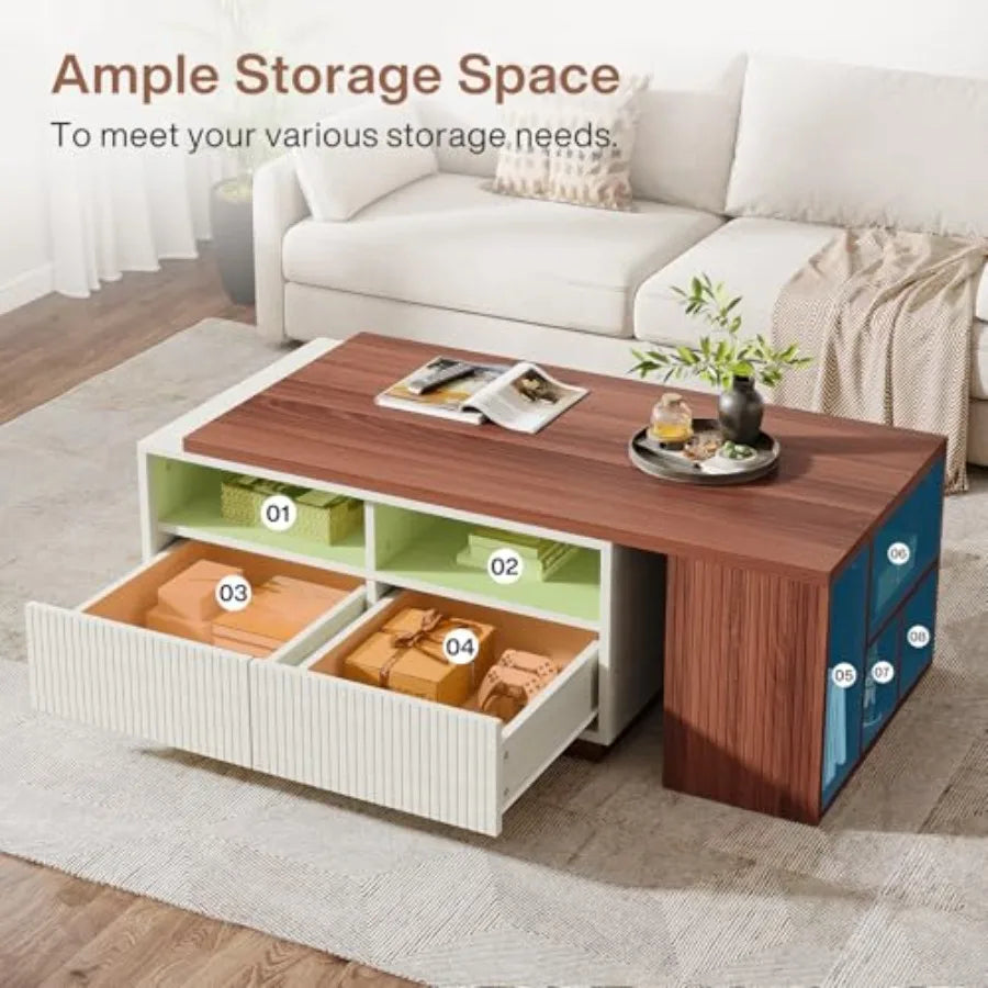 Extendable Coffee Table with Storage Reversible Living Room Table with 2 Drawers Shelves Large Center Table for Living Room Whi
