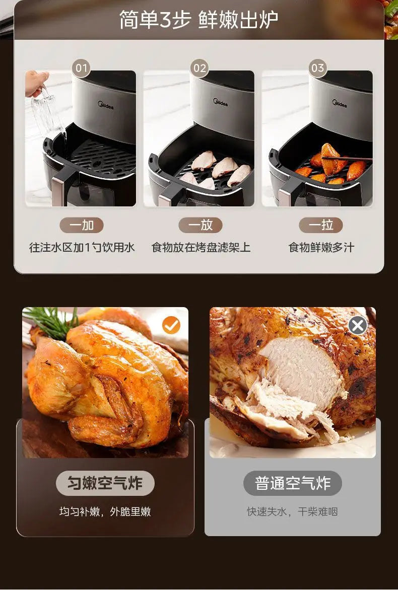 Midea Air Fryer 5L Large Capacity Flip-Free Full Metal Liner Smart Full Screen Touch Smart Air Fryer