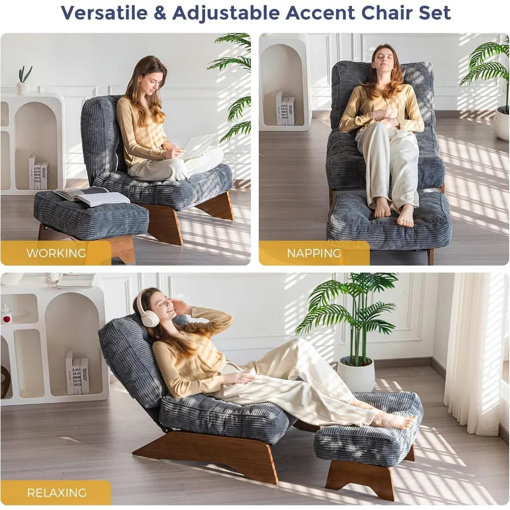 Accent Chair with Ottoman Adjustable Backrest, Tufted Living Room Chair Upholstered Lounge Chair with Footrest Set, Modern Chai