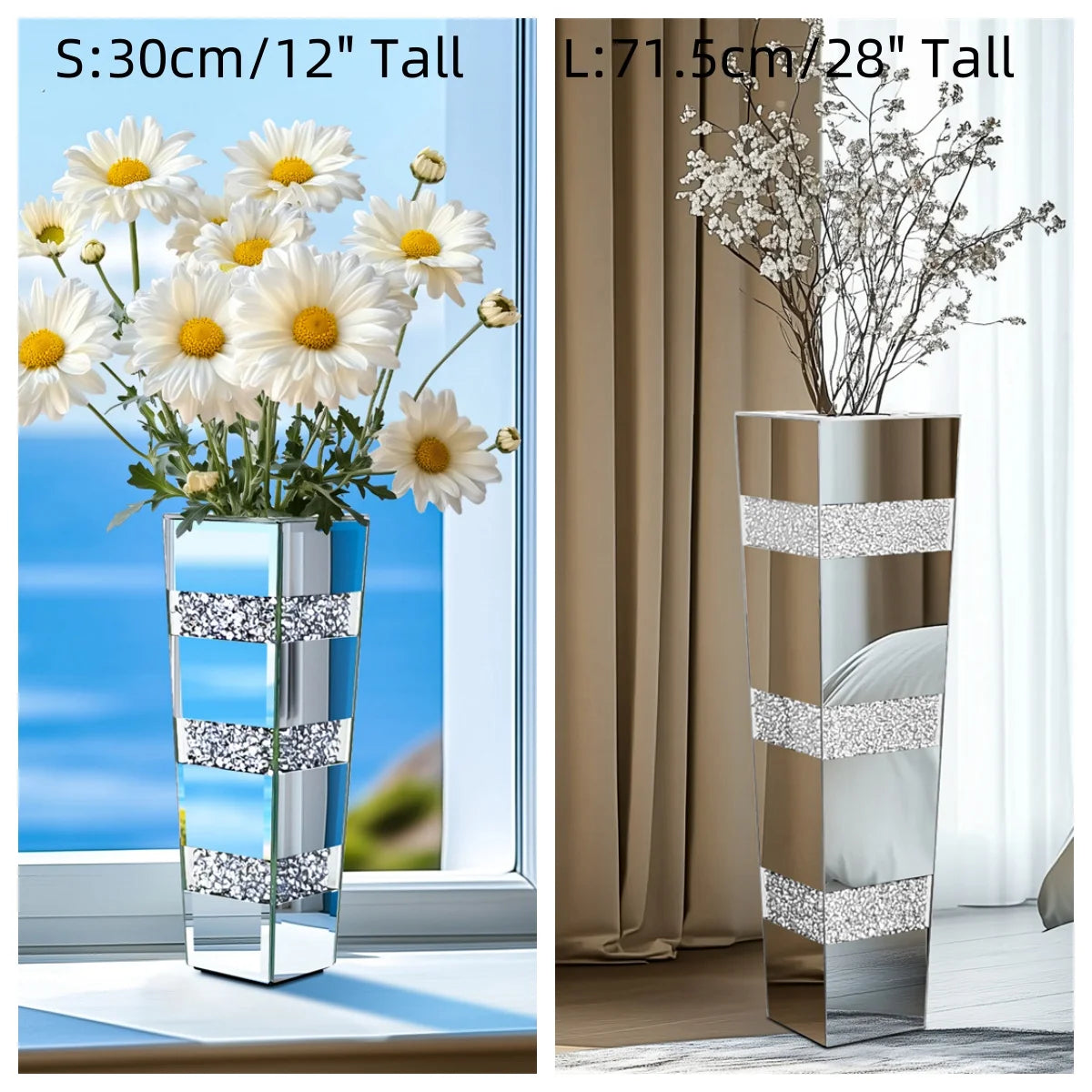 Modern Floor Flower Vase Decorative Crystal Silver Standing Mirrored Flower Vase Floral Arrangement Vase