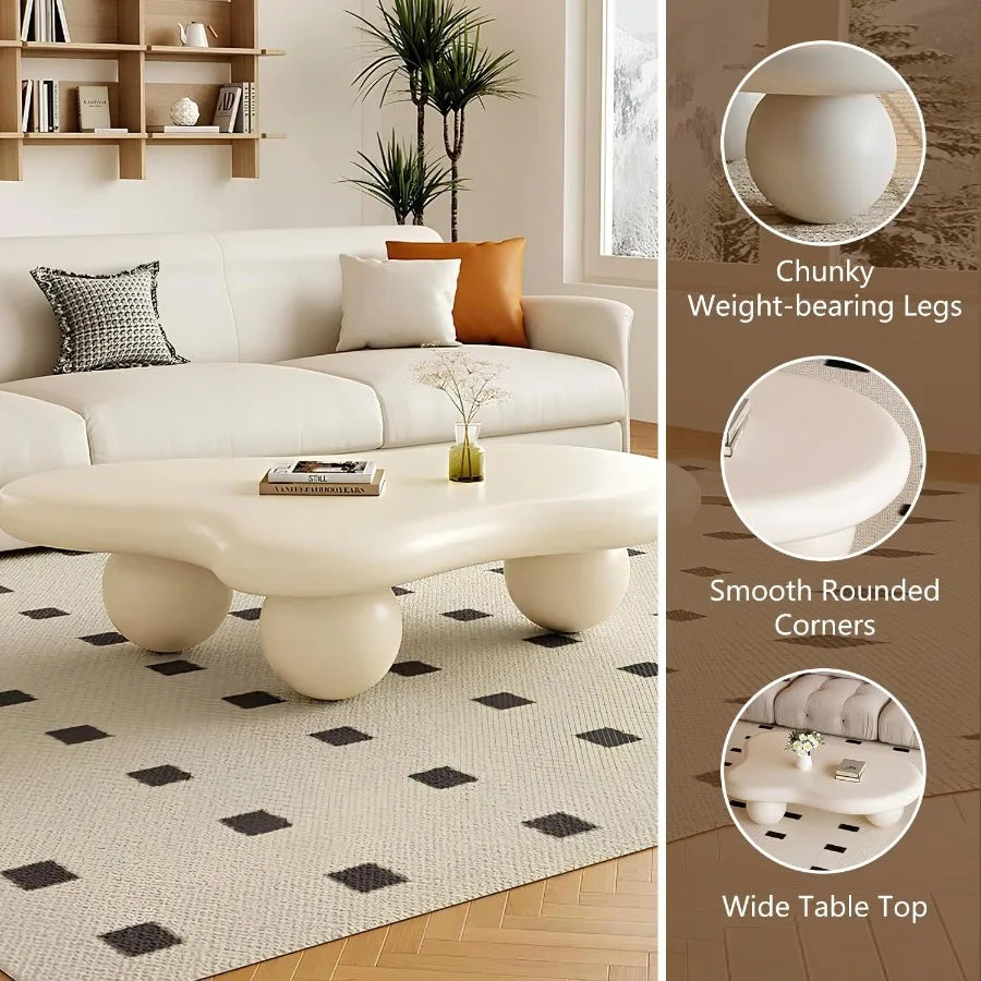 CloudShape Cute Cream White Irregular Coffee Table with 3 Short Legs Modern Live Round Edge Coffee Table for Living Room Bedroo