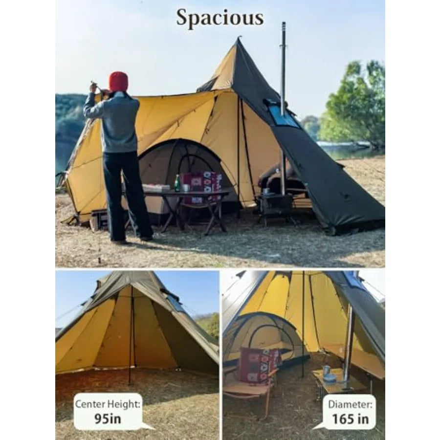 Hot Tent Tipi Teepee Tent with Stove Jack 70D Ripstop Nylon PU3000mm Waterproof Lightweight for 24 Person 4 Season Backpacking