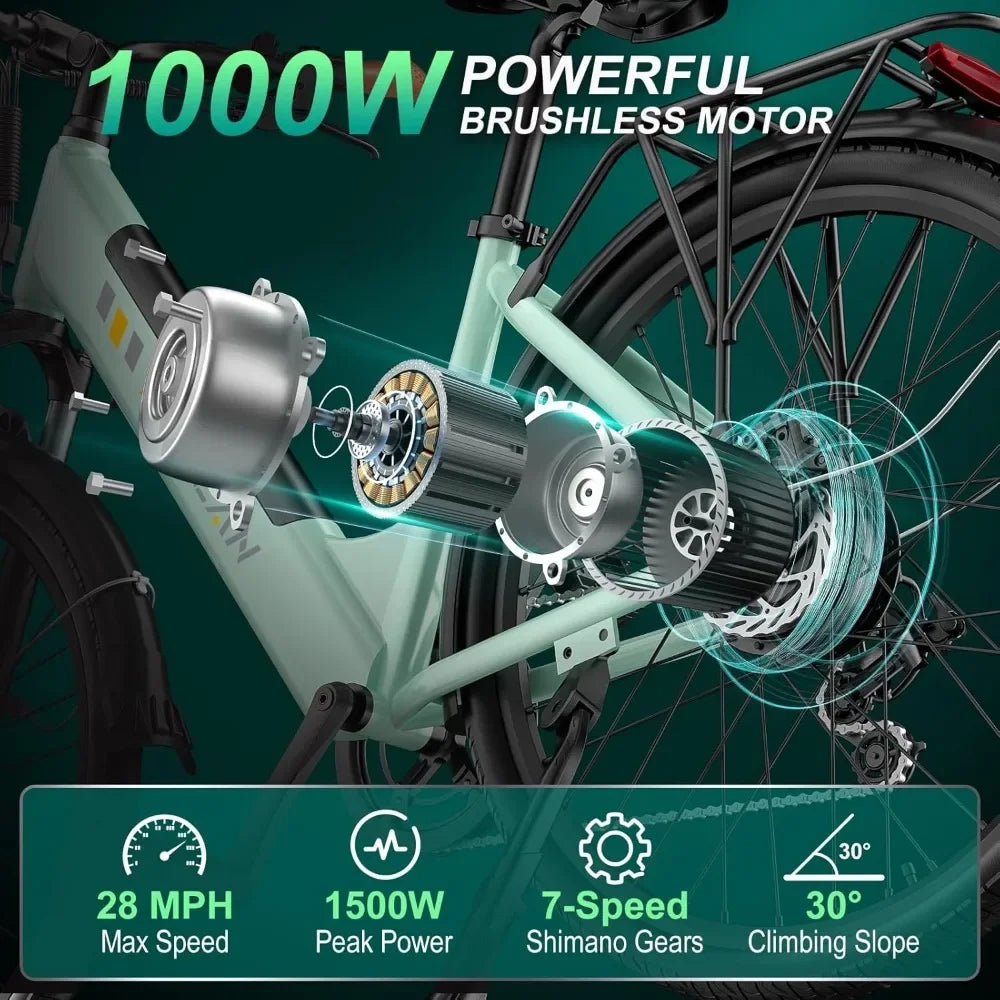 HOME.V80 Electric Bike, 1000W Motor 28MPH Ebike, 48V 13Ah Removeable Battery, 26'' City Cruise Electric Bicycles up to 70 Miles