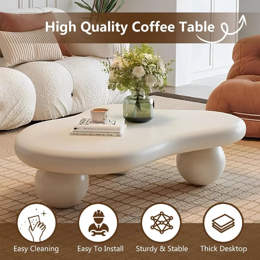 CloudShape Cute Cream White Irregular Coffee Table with 3 Short Legs Modern Live Round Edge Coffee Table for Living Room Bedroo