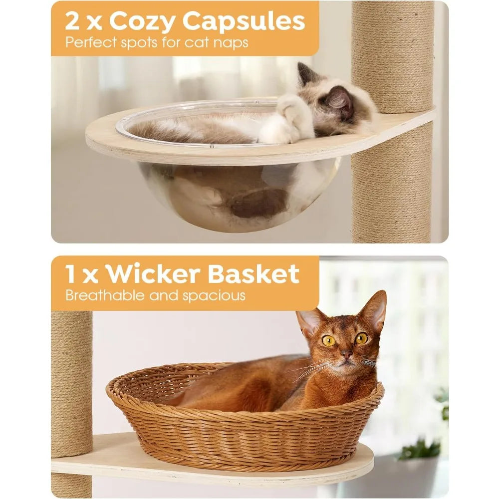 Adjustable Tall Cat Tree for Floors to Ceilings, 106-123 Inches, with Durable 4.3 Inch Thick Scratching Posts and Floor Mat