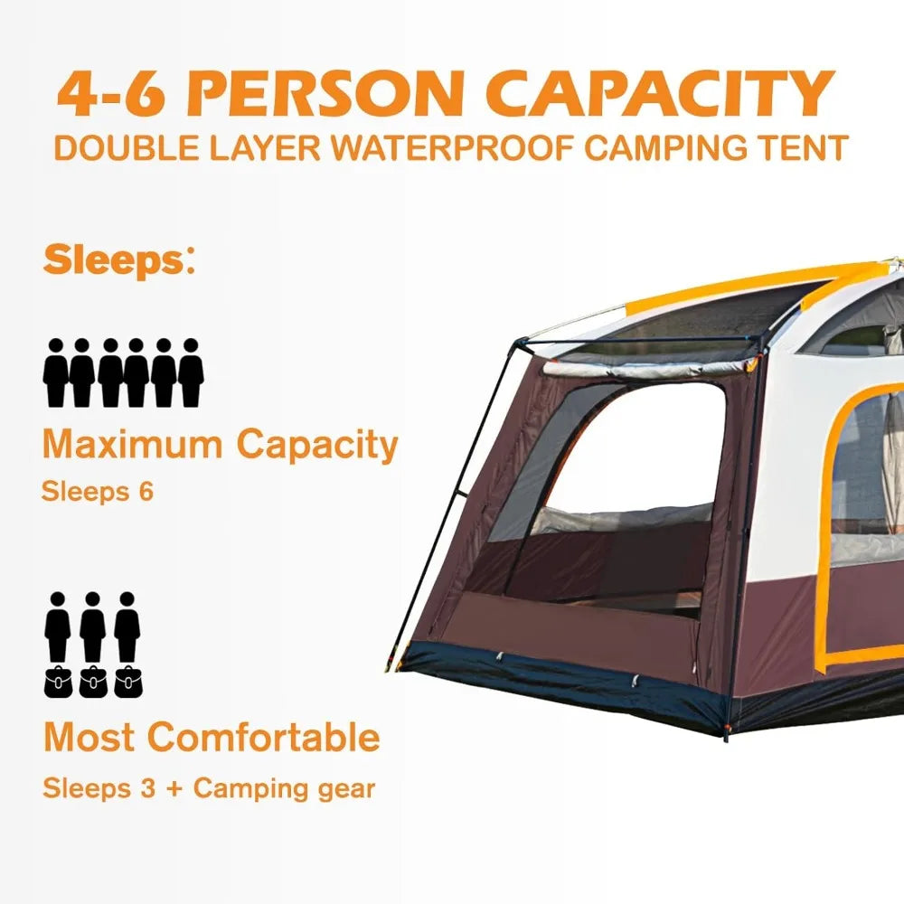 Camping Tent 4-6 Person, Double Layer, Multi-Room Family Cabin Tents with 3 Doors, Mesh Windows, Rainfly & Windproof, Large Wate