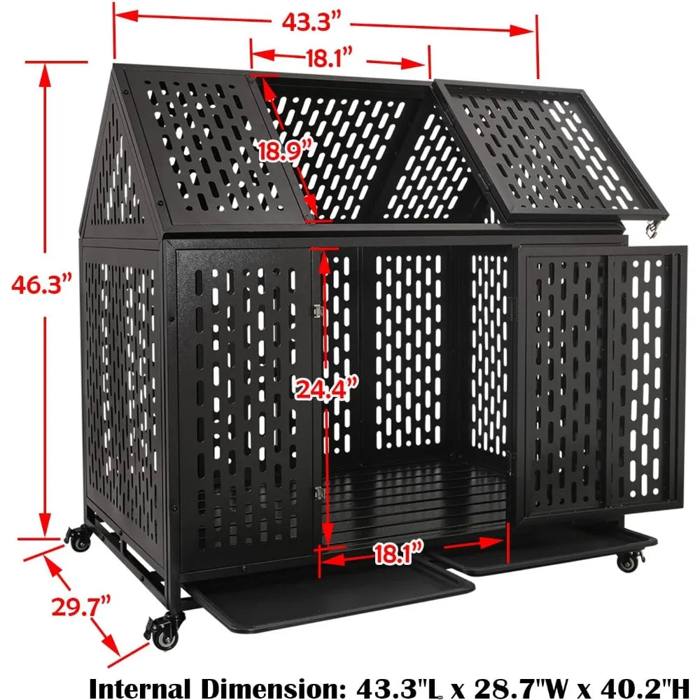 44 inch heavy duty indestructible dog crate steel escape proof chew proof cage, indoor double door kennel for high anxiety large