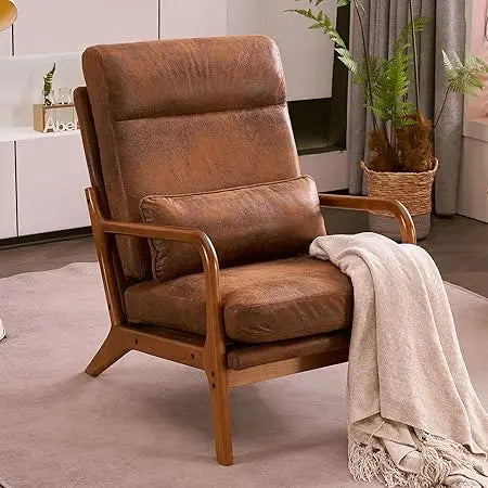 High Back Microfiber Rustic Mid Century Modern Accent Chair, Soild Wood Padding Lounge Armchairs Side Sitting Chairs for Living