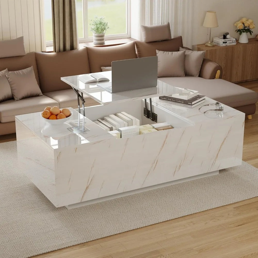 47.2" Lift Top Coffee Table with Storage, Modern High Glossy LED Coffee Tables with Wireless Charging and Speaker, White Living