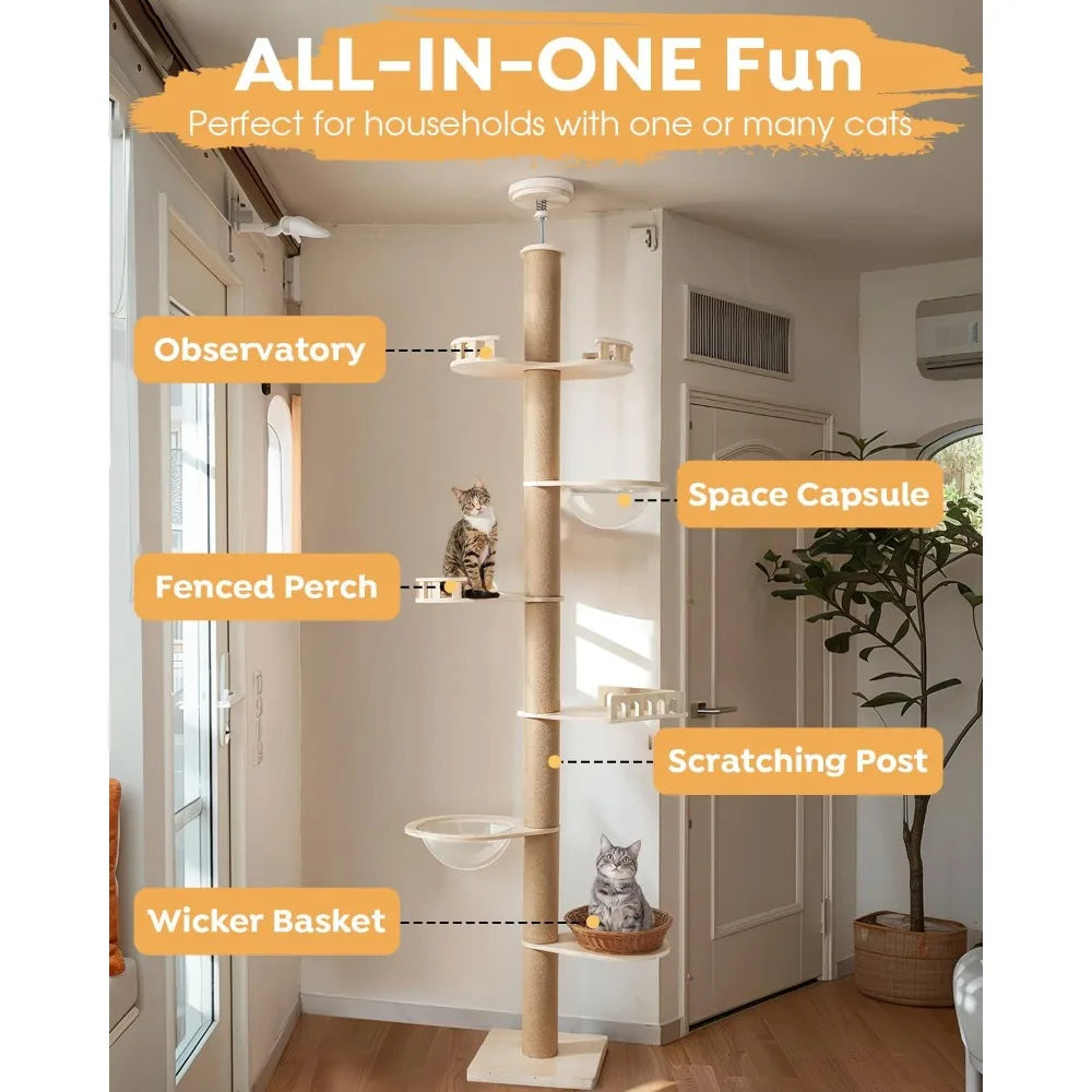 Adjustable Tall Cat Tree for Floors to Ceilings, 106-123 Inches, with Durable 4.3 Inch Thick Scratching Posts and Floor Mat