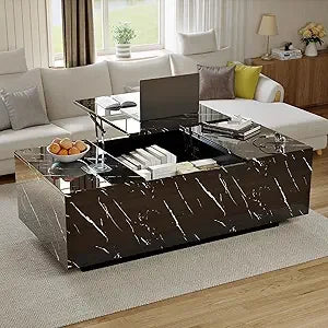 47.2" Lift Top Coffee Table with Storage, Modern High Glossy LED Coffee Tables with Wireless Charging and Speaker, White Living