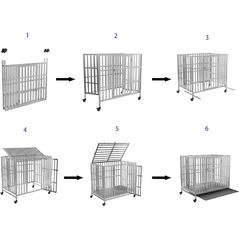 37" 42" 48" heavy duty dog cage stainless steel metal kennel and crate, collapsible for medium to large dogs, easy to assemble p