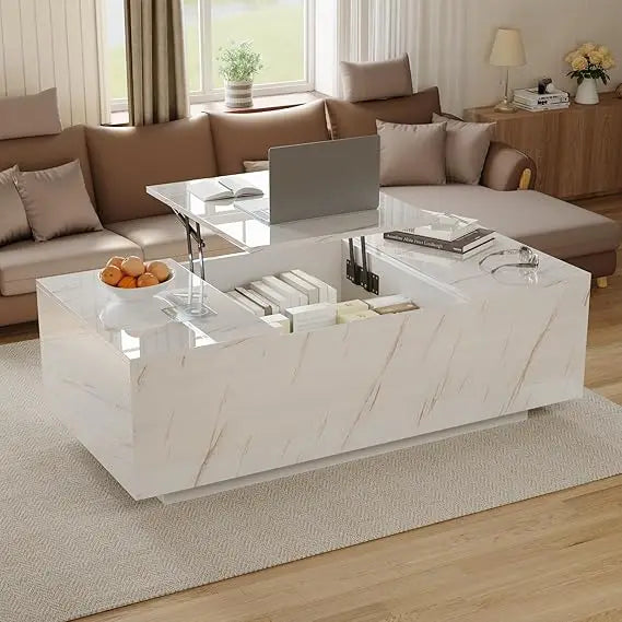 47.2" Lift Top Coffee Table with Storage, Modern High Glossy LED Coffee Tables with Wireless Charging and Speaker, White Living