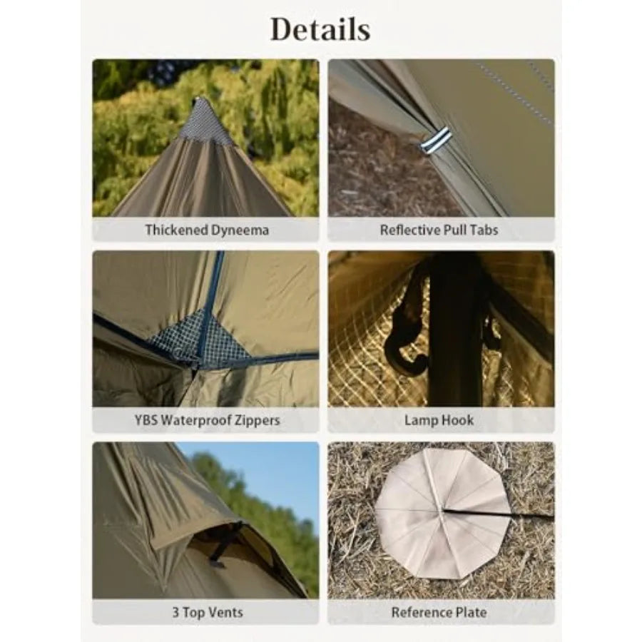 Hot Tent Tipi Teepee Tent with Stove Jack 70D Ripstop Nylon PU3000mm Waterproof Lightweight for 24 Person 4 Season Backpacking