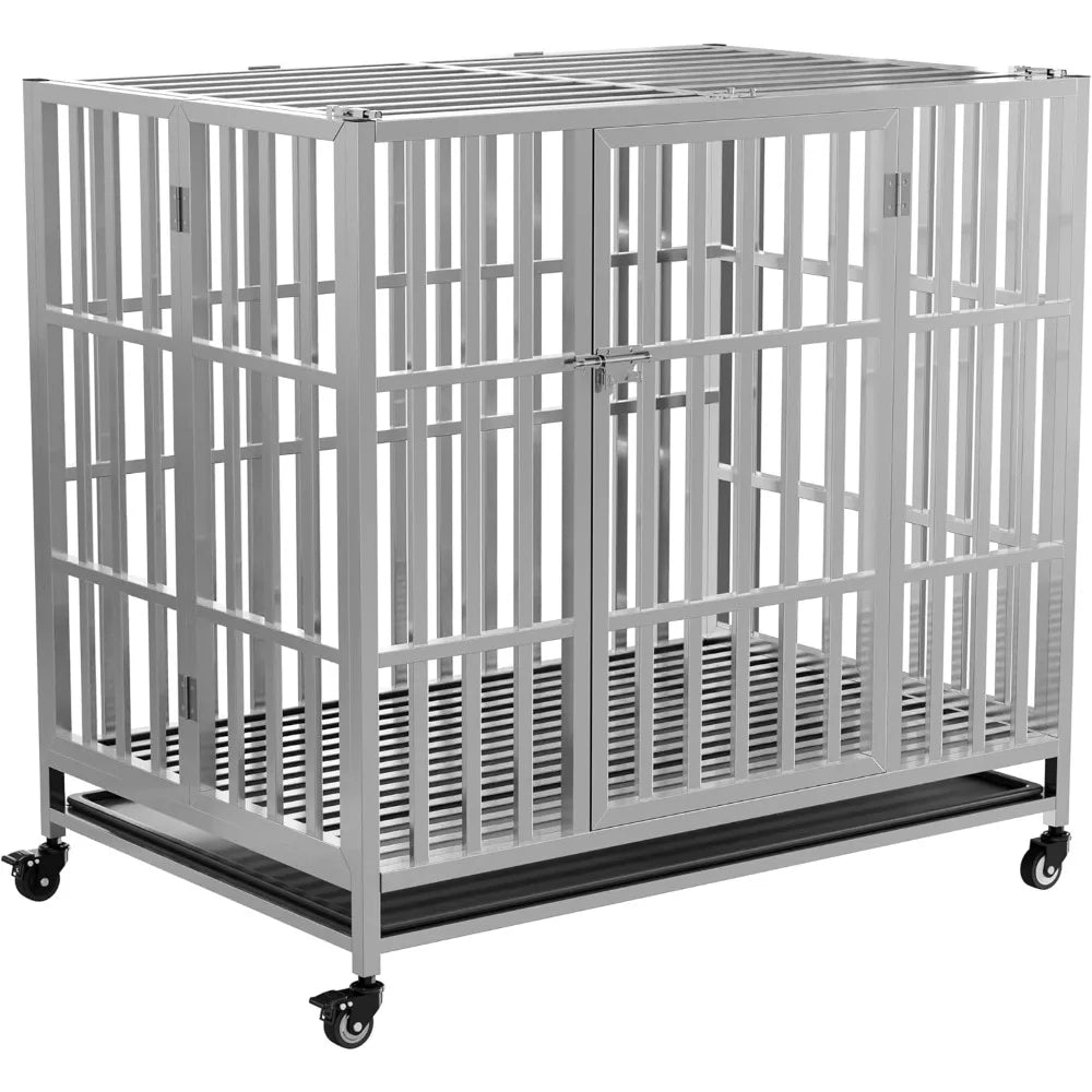 37" 42" 48" heavy duty dog cage stainless steel metal kennel and crate, collapsible for medium to large dogs, easy to assemble p